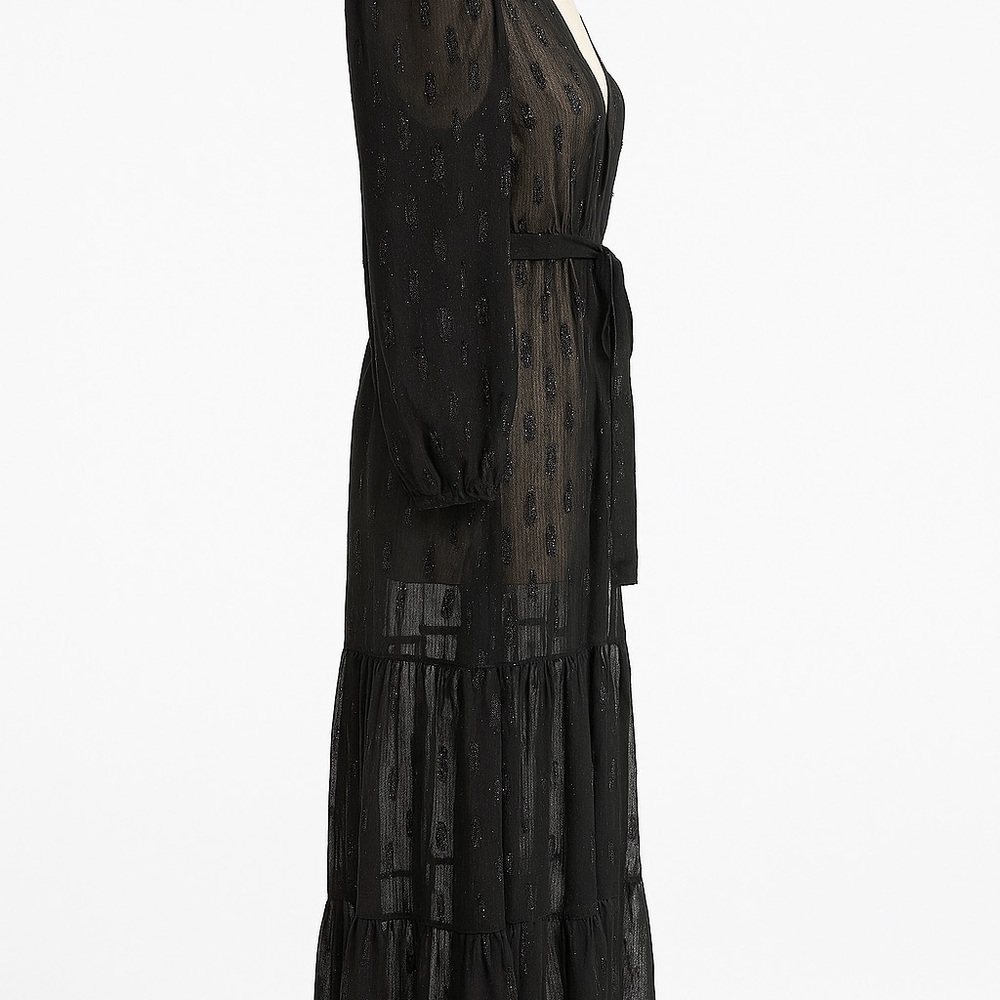 Express Sheer Glitter Duster Robe Black S/M Long Sleeve Tie Waist - Picture 4 of 7